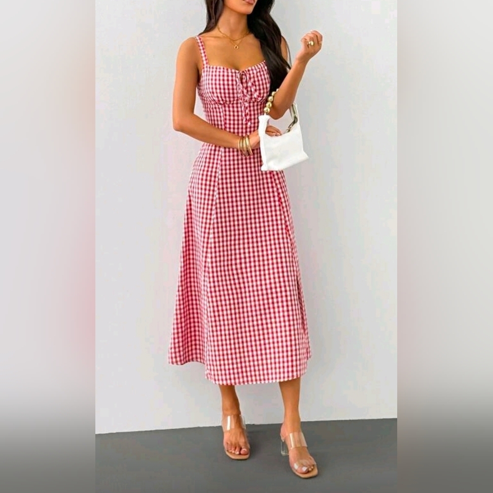 New Gingham Lace Up Back A Line Midi Dress Red White - Picture 2 of 8
